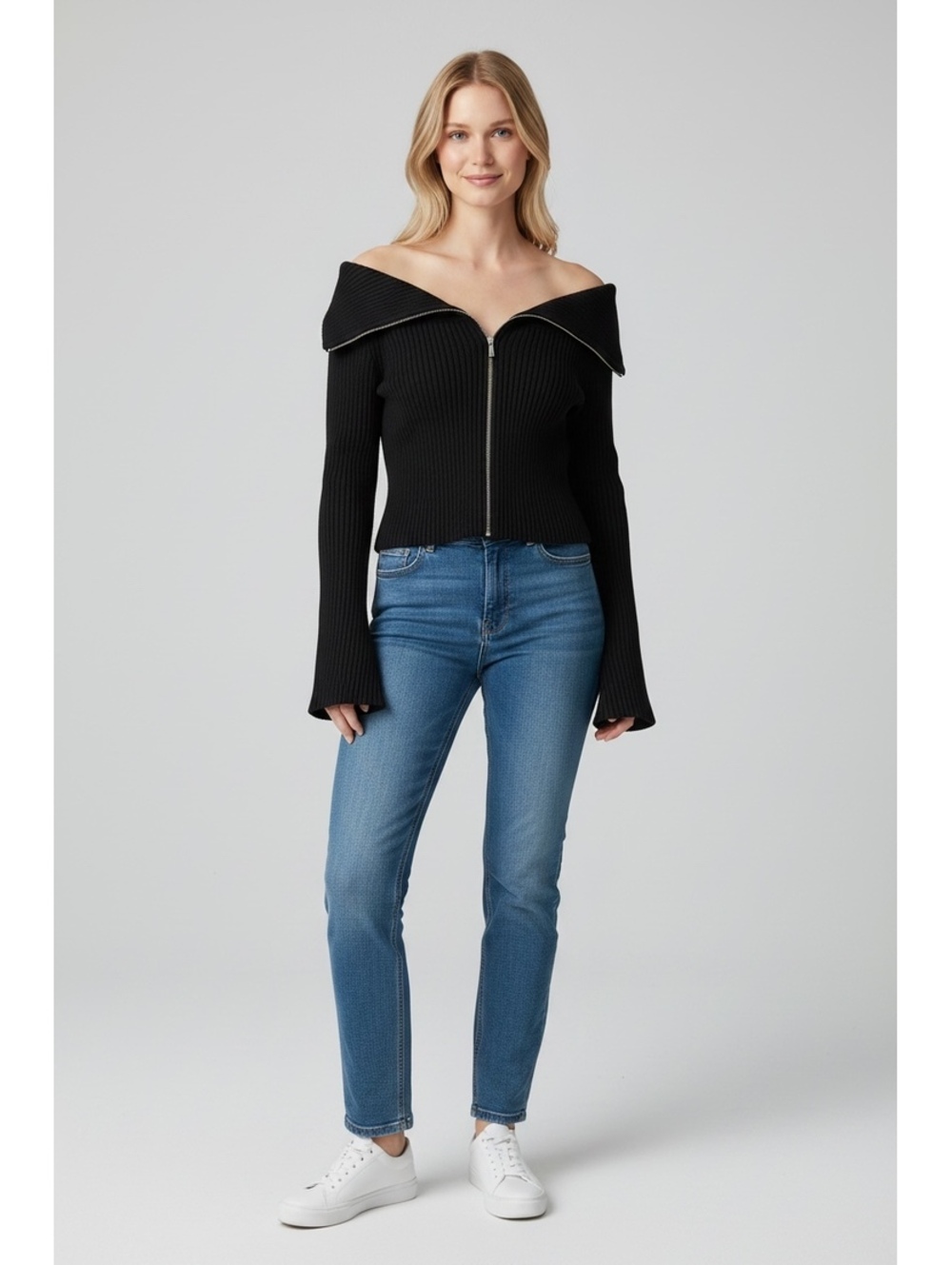 Zara Women's Black Ribbed Off-Shoulder Zip-Up Sweater, Size M